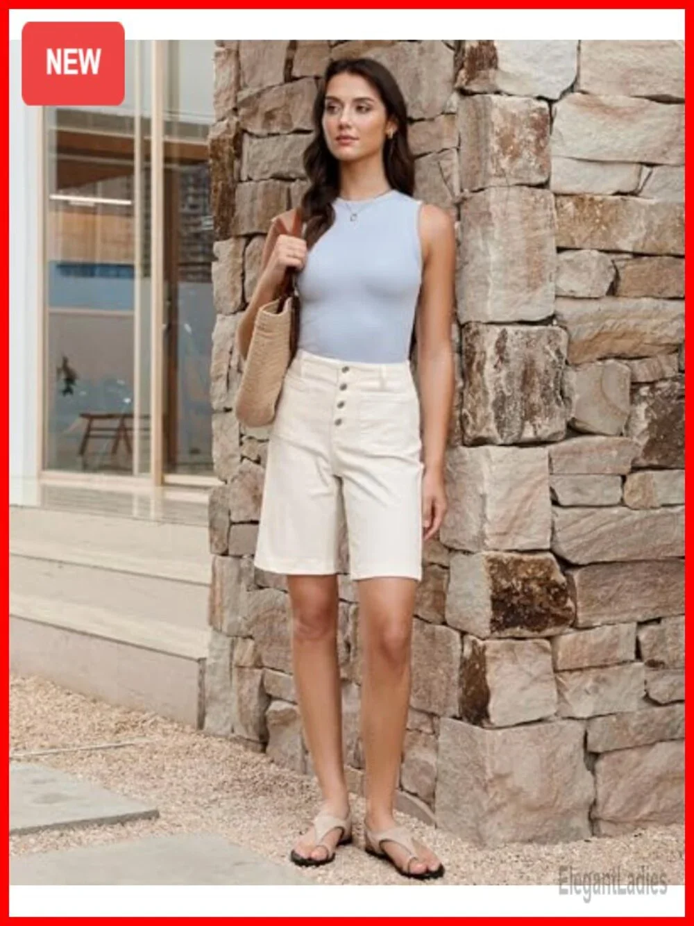 High Waisted Bermuda Jean Shorts Stretchy Denim Button Fly Patch Pocket Summer